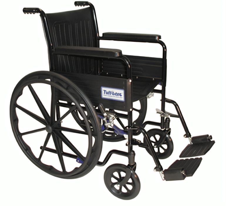 A wheelchair with wheels and pads on the front.