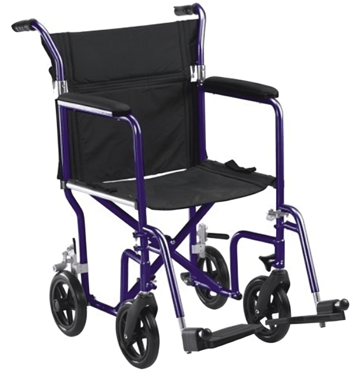 A purple wheelchair with black seat and wheels.